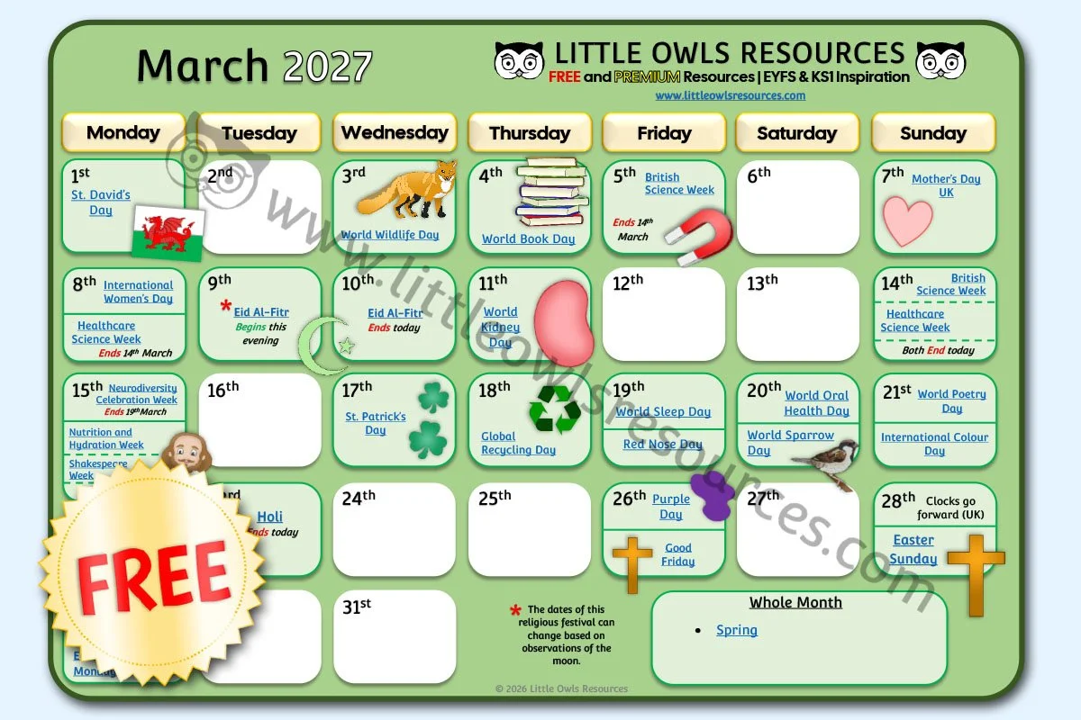 FREE March 2027 Special Date Events Calendar | EYFS & KS1 Download