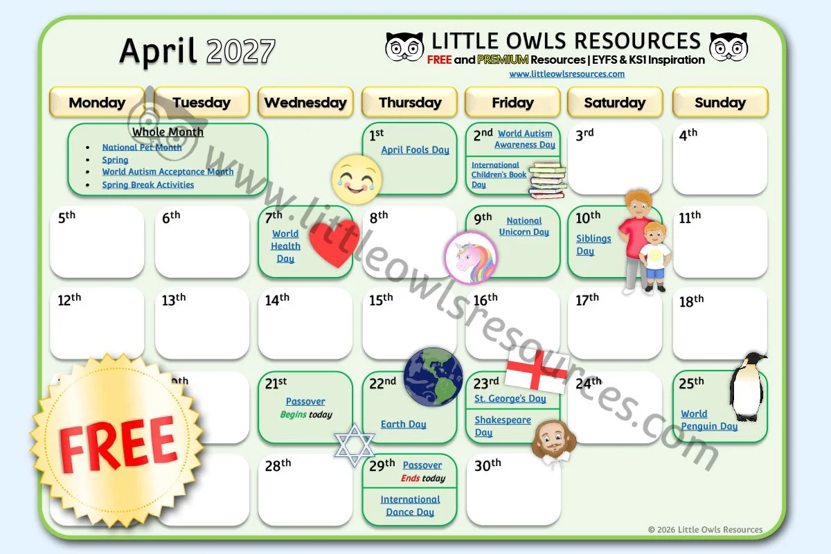 FREE April 2027 Special Date Events Calendar | EYFS &amp; KS1 Download