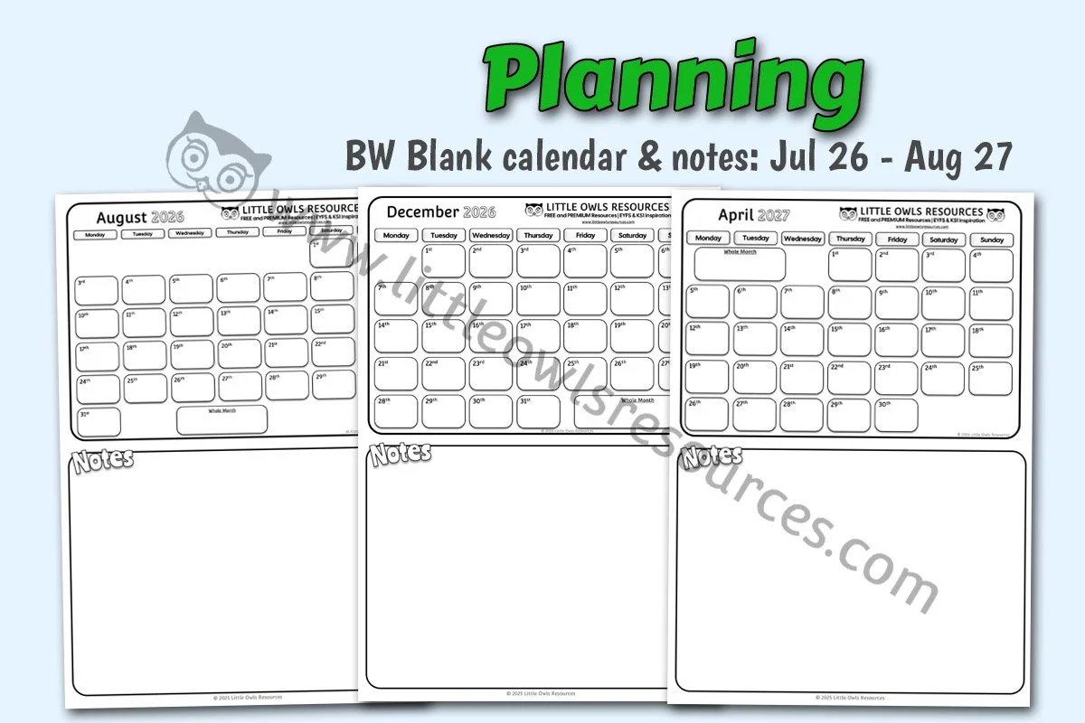 PLANNING - Blank Calendar and Notes Sheets (BW)
