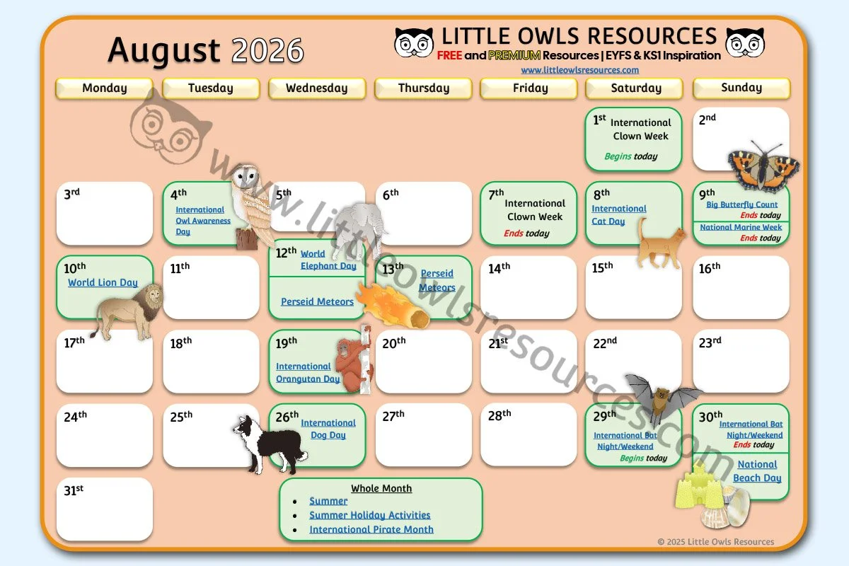 August Special Date Events Calendar | EYFS & KS1