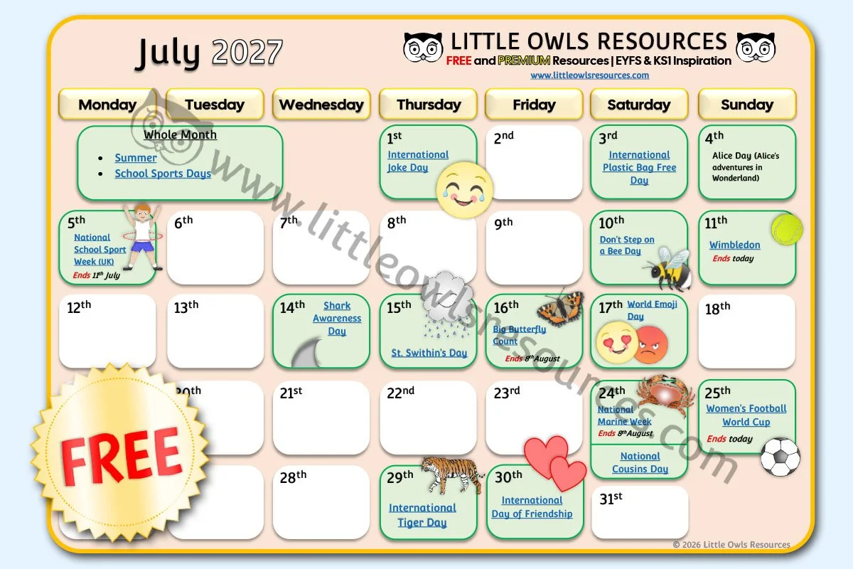 FREE July 2027 Special Date Events Calendar | EYFS &amp; KS1 Download