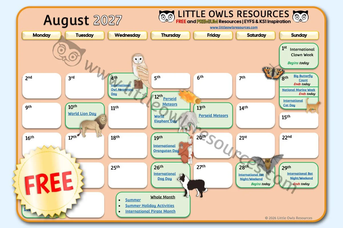 SPECIAL DATES EVENT CALENDAR - AUGUST 2027 (Free Download) - UPDATED 31.08.26