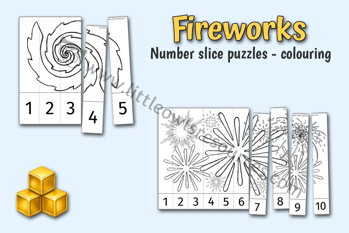 FIREWORK NUMBER SLICE PUZZLES (1-5 & 1-10) - COLOURING