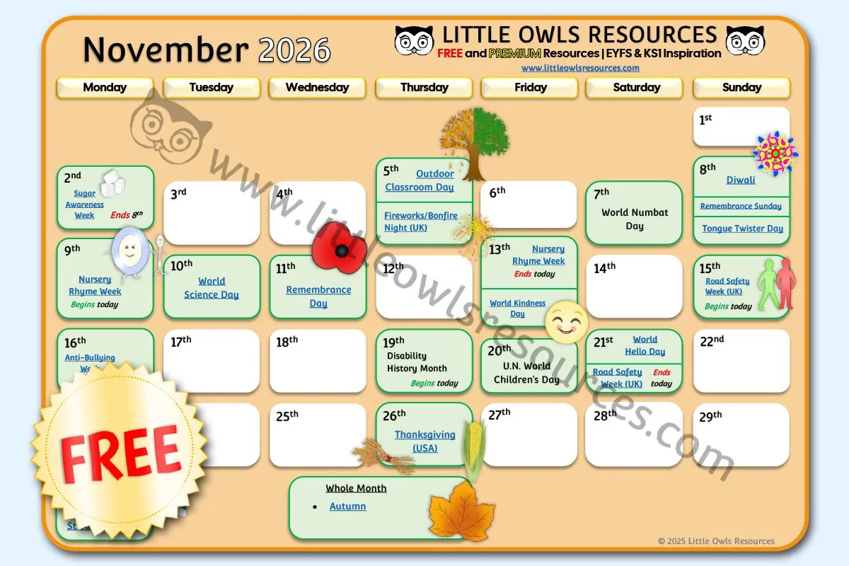 FREE November 2026 Special Date Events Calendar | EYFS &amp; KS1 Download