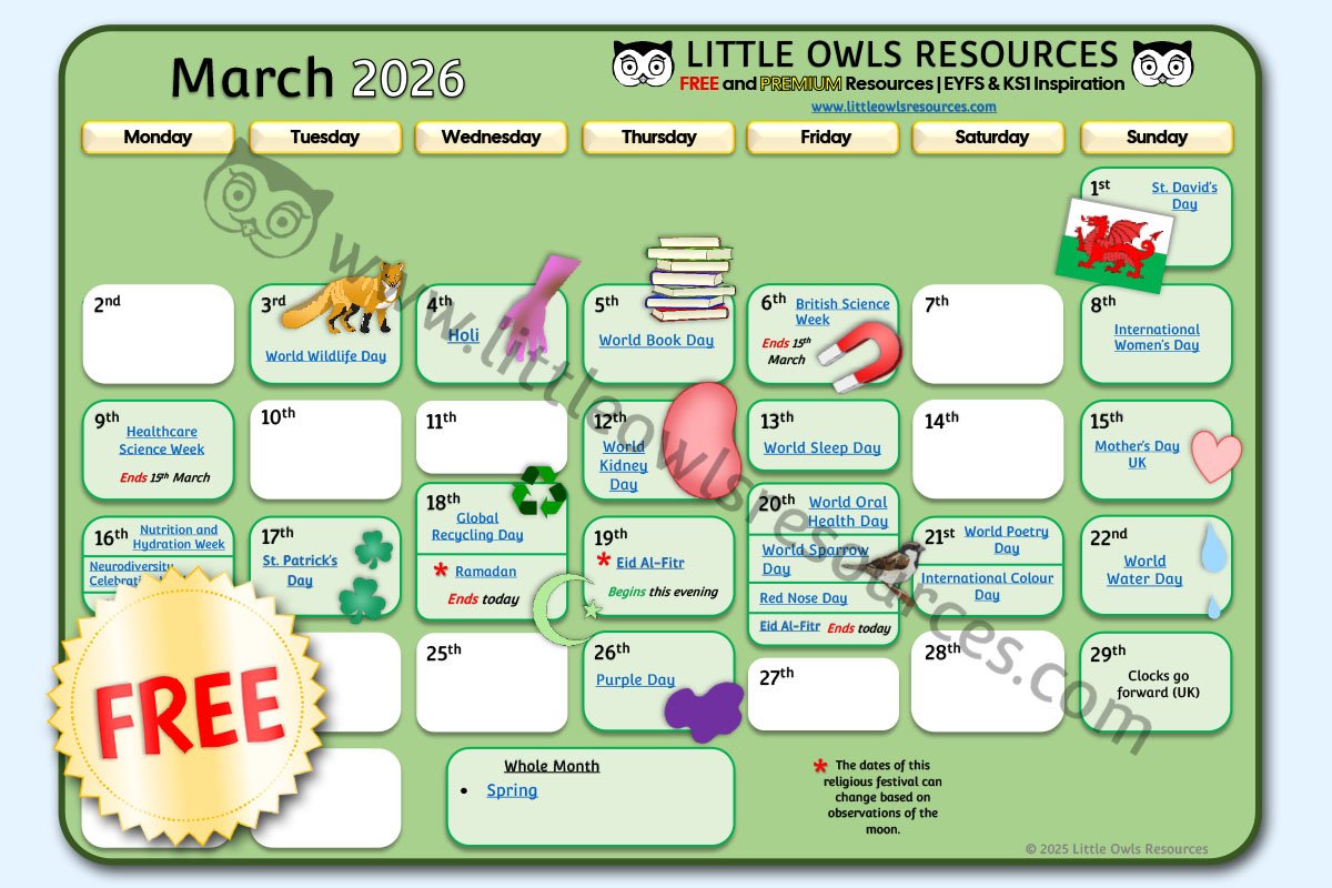 EYFS & KS1 March Special Dates Calendar & Printables | Little Owls Resources