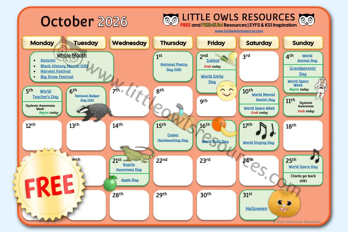 FREE October 2026 Special Date Events Calendar | EYFS &amp; KS1 Download