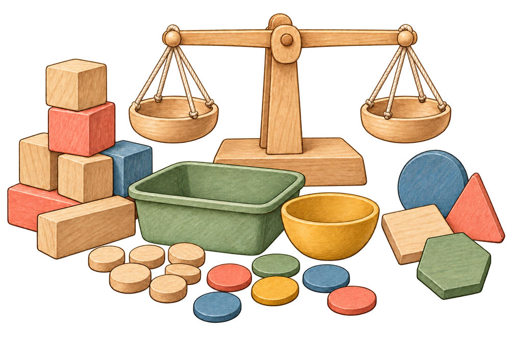 Illustration of practical maths materials: balance scales, blocks, shapes, counters and containers