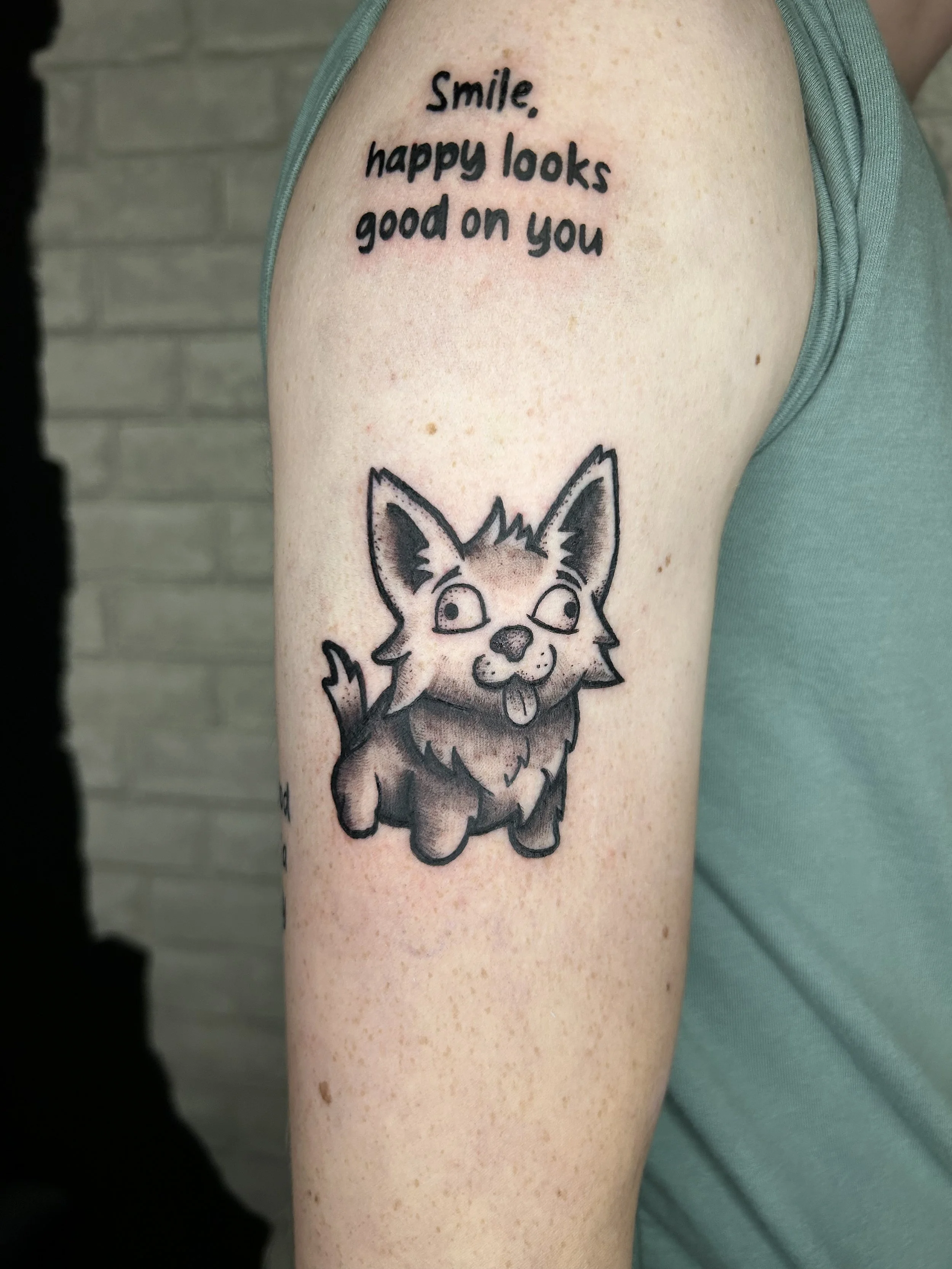 lehigh valley tattoo, local tattoo, evol tattoo, pennsylvania tattoo, allentown tattoo, dog tattoo, cute tattoo, lettering tattoo, black and grey tattoo, puppy tattoo, adorable tattoo, animal tattoo, cartoon tattoo.jpeg