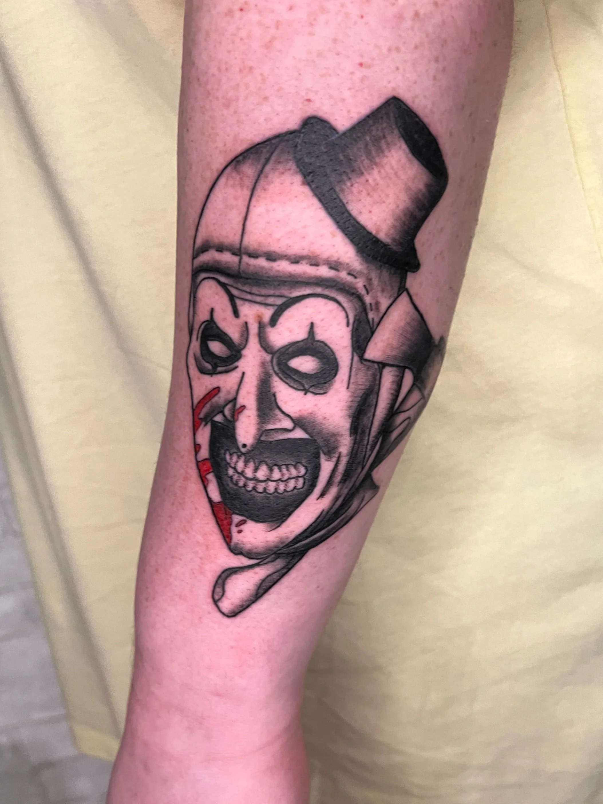 lehigh valley tattoo, local tattoo, evol tattoo, pennsylvania tattoo, black and grey tattoo, horror tattoo, clown tattoo, terrifier tattoo, movie tattoo, portrait tatto, illustrative tattoo, spooky tattoo.jpeg