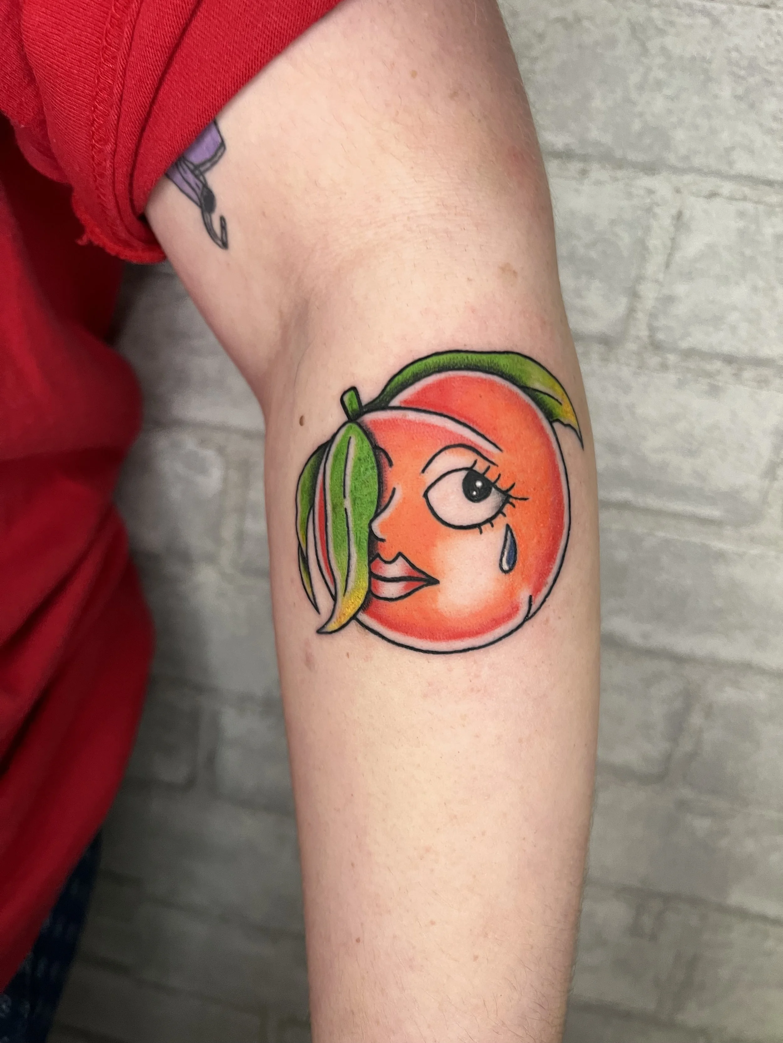 evol tattoo, local tattoos, lehigh valley tattoos, allentown tattoos, catasauqua tattoos, color tattoo, fruit tattoo, peach tattoo, neotraditional tattoo, lady face tattoo, cartoon tattoo, cute tattoo.jpeg