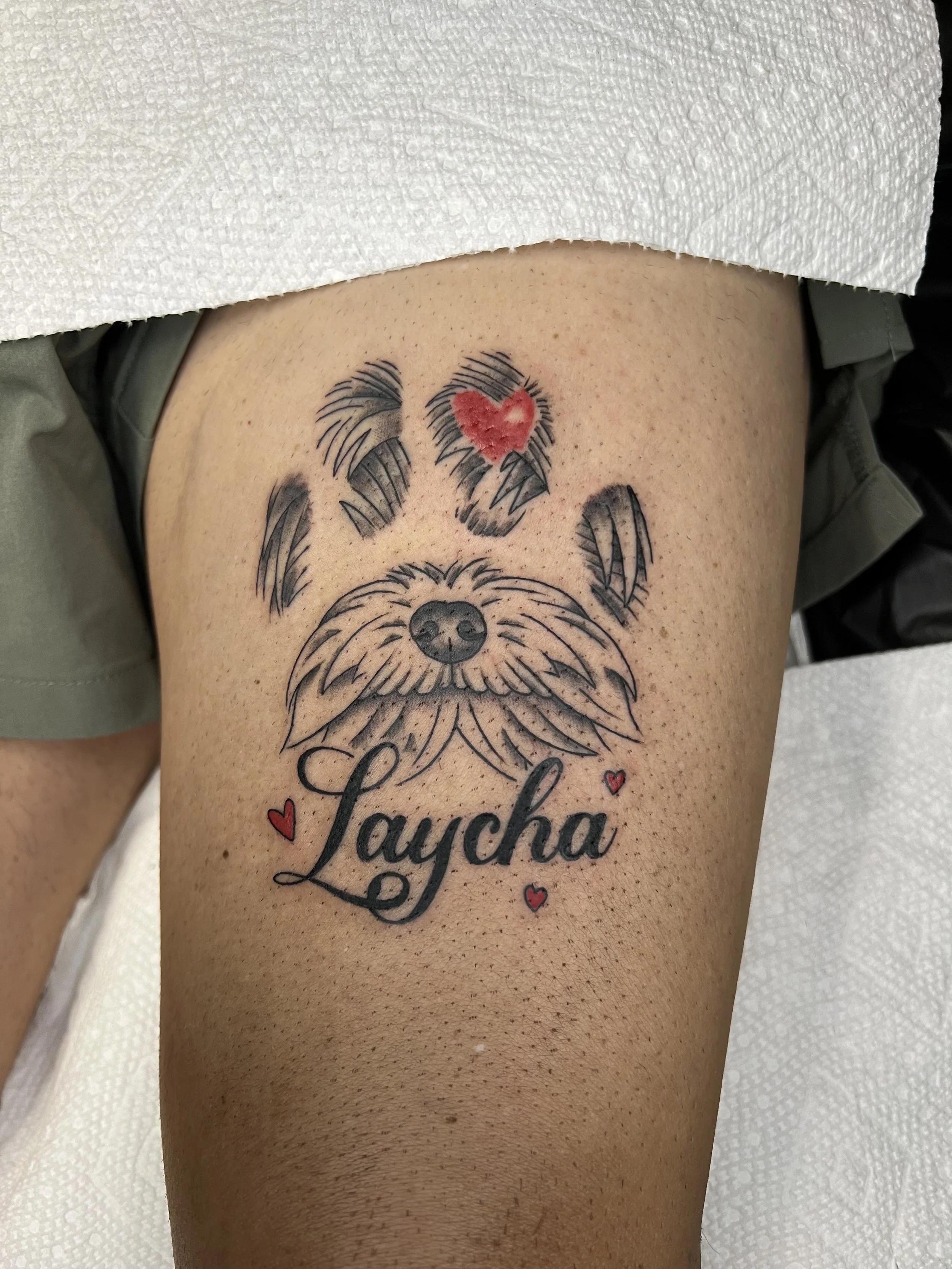 evol tattoo, local tattoos, lehigh valley tattoos, allentown tattoos, black and gray tattoo, dog tattoo, pawprint tattoo, script tattoo, lettering tattoo, cute tattoo, fine line tattoo.jpeg