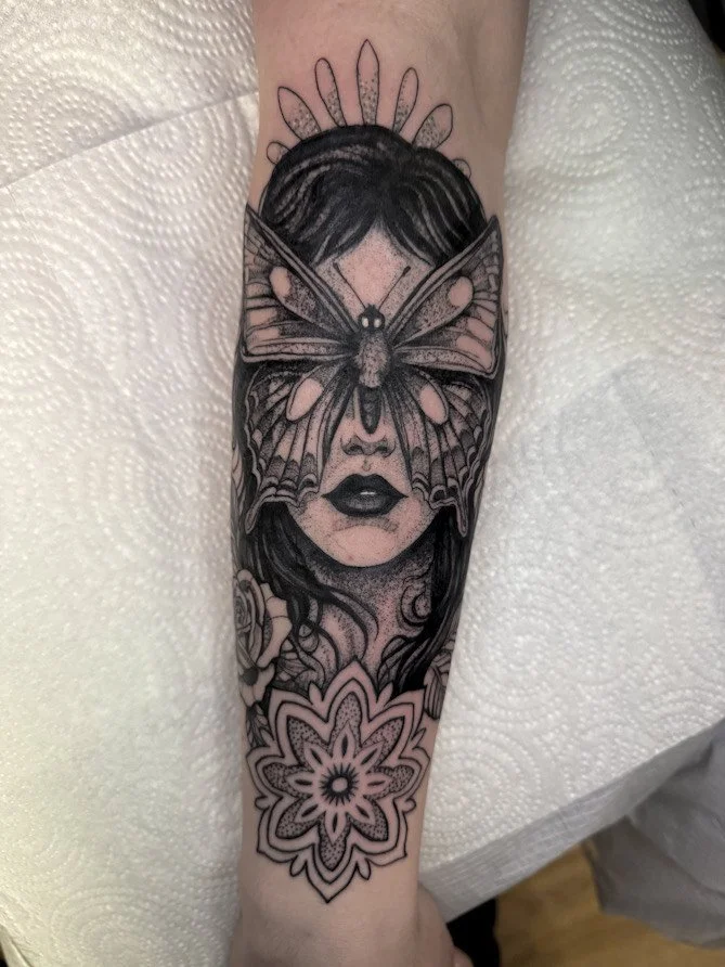 evol tattoo, local tattoos, lehigh valley tattoos, allentown tattoos, catasauqua tattoos, black and gray tattoo, lady face tattoo, butterfly tattoo, mandala tattoo, feminine tattoo.jpeg