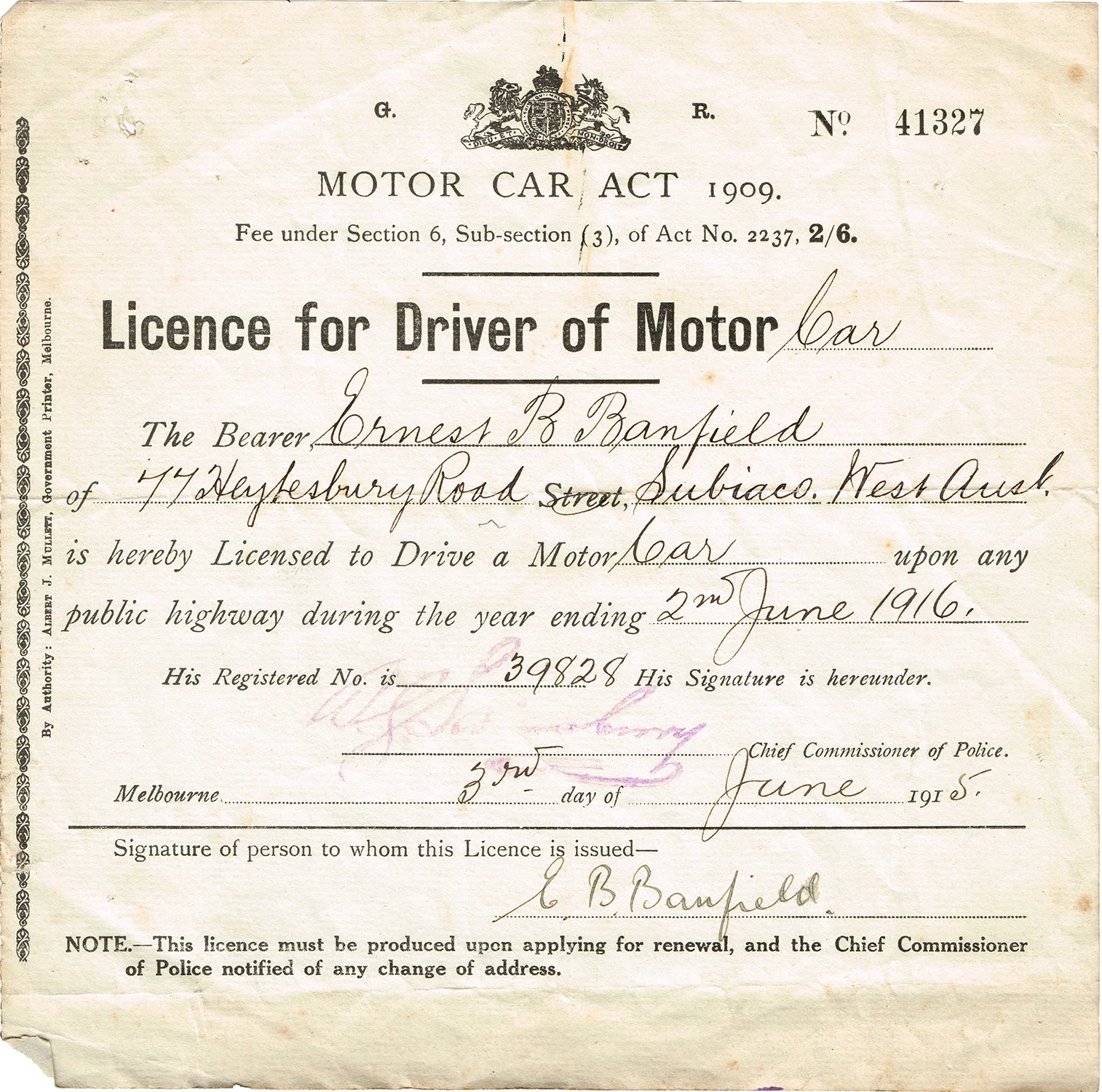 Ernest Banfield’s drivers’ licence for 1915-1916, courtesy Diana Hardie.