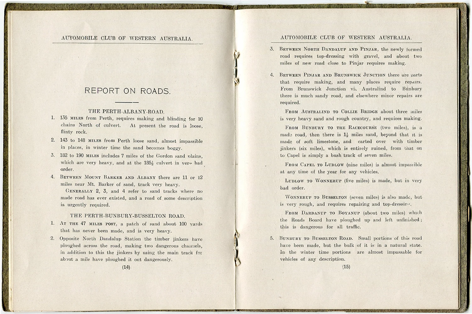 Report on Roads from The Automobile Club of Western Australia’s 1910-1911 Annual Report. Courtesy RAC Archives.