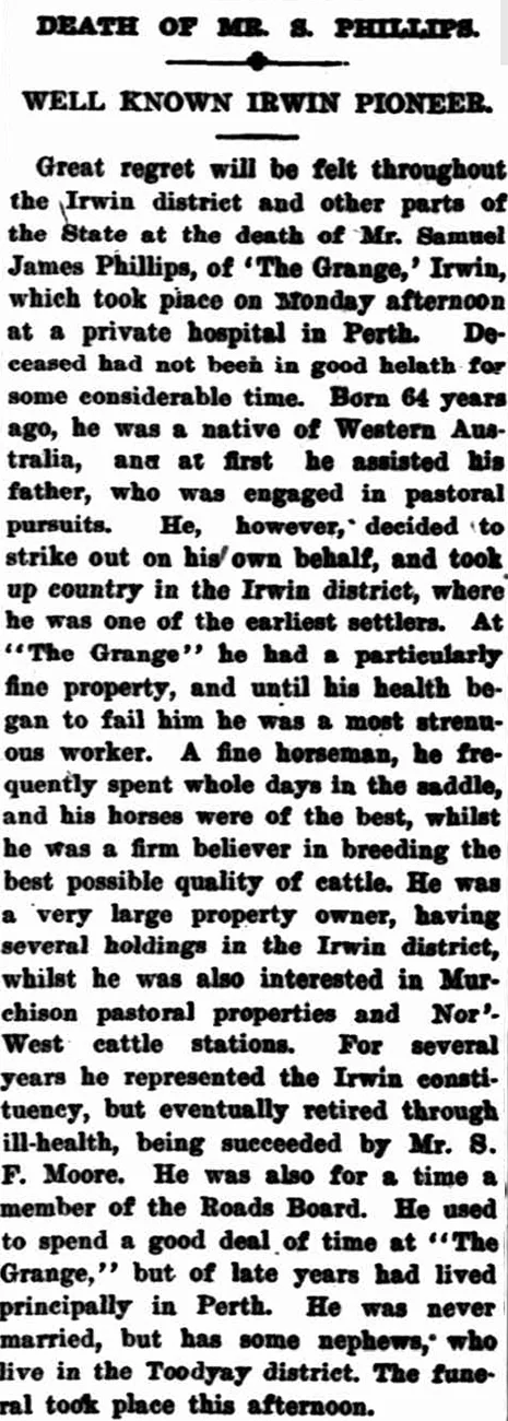 Sam Phillips’ death in the Geraldton Guardian, 22 June 1920