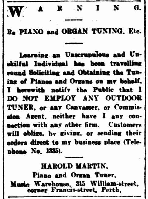 Harold airs his outrage at a false tuner in The West Australian, 7 July 1906.
