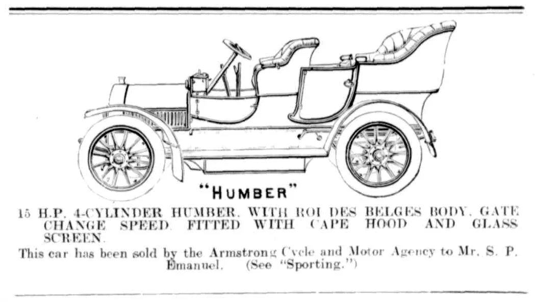 The purchase of Sydney Emanuel’s Humber in the Western Mail, 19 October 1907.