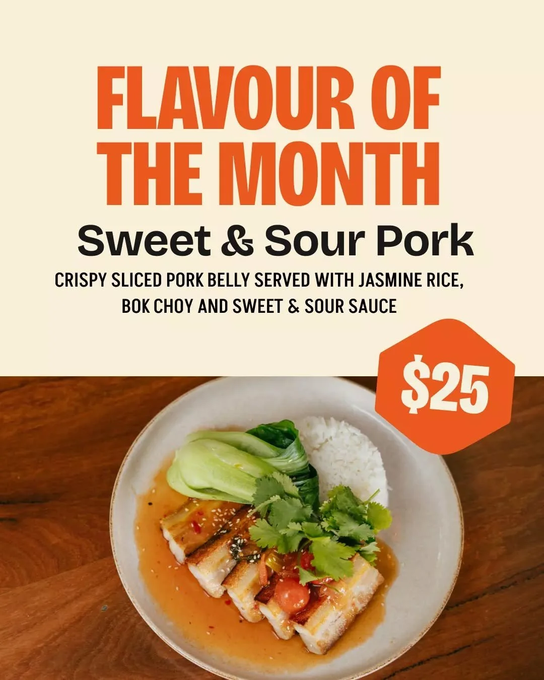 November&rsquo;s here, and so is our Flavour of the Month! Crispy pork belly meets a tangy sweet &amp; sour glaze, served with jasmine rice and bok choy&nbsp;✨

Only $25 and only for November!