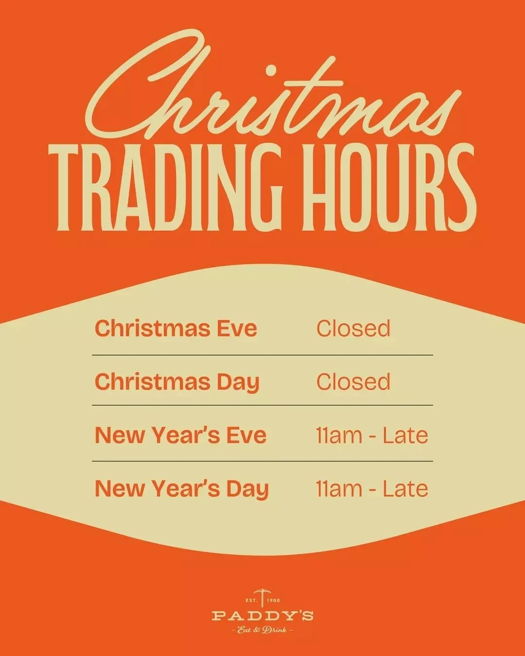 Our Christmas opening hours are here! Time to plan your festive catch-ups with us 🍻

For bookings at Paddy's head to the link in our bio.