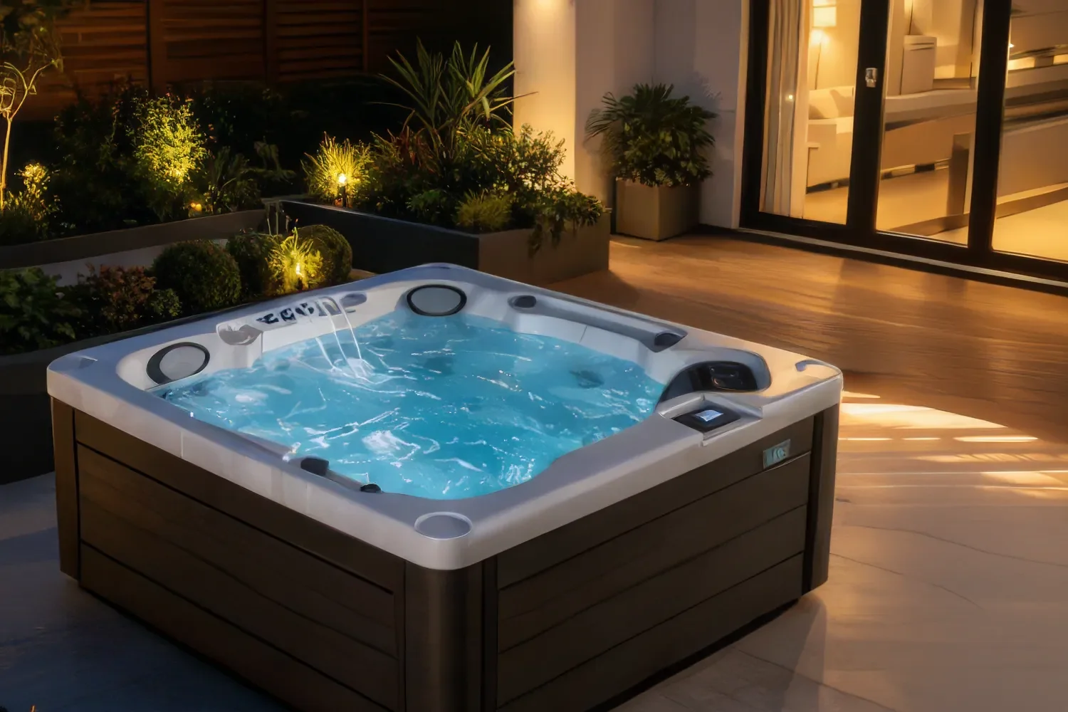 A hot tub with bubbling water is lit at night on a patio, surrounded by plants and modern outdoor decor.