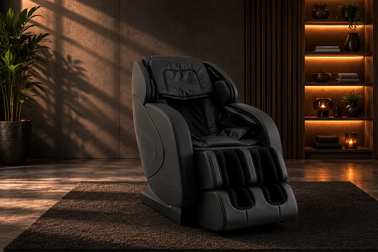 A black massage chair sits on a brown rug in a modern, warmly lit room with plants and shelves.