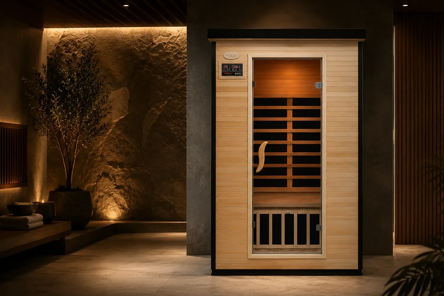 A modern, wooden infrared sauna with glass door in a dimly lit, spa-like room.