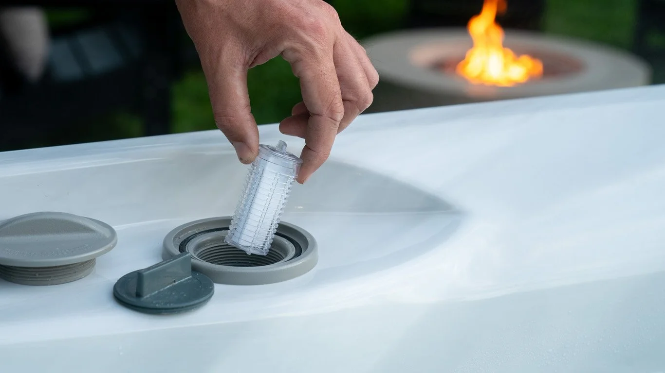 A hand inserts a SunScents™ Aromatherapy filter cartridge into a hot tub, with a fire pit burning in the background.