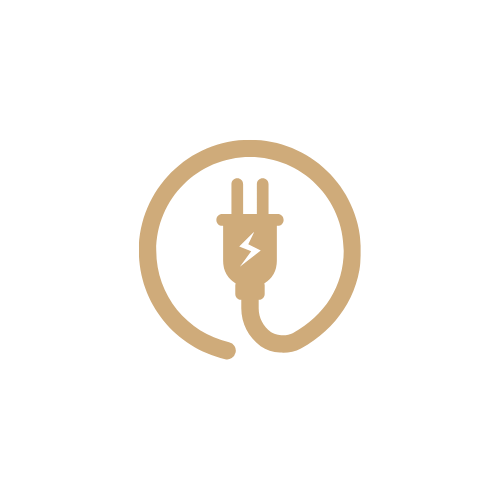 Brown electric plug with a lightning bolt inside, encircled by its cord on a light gray background.
