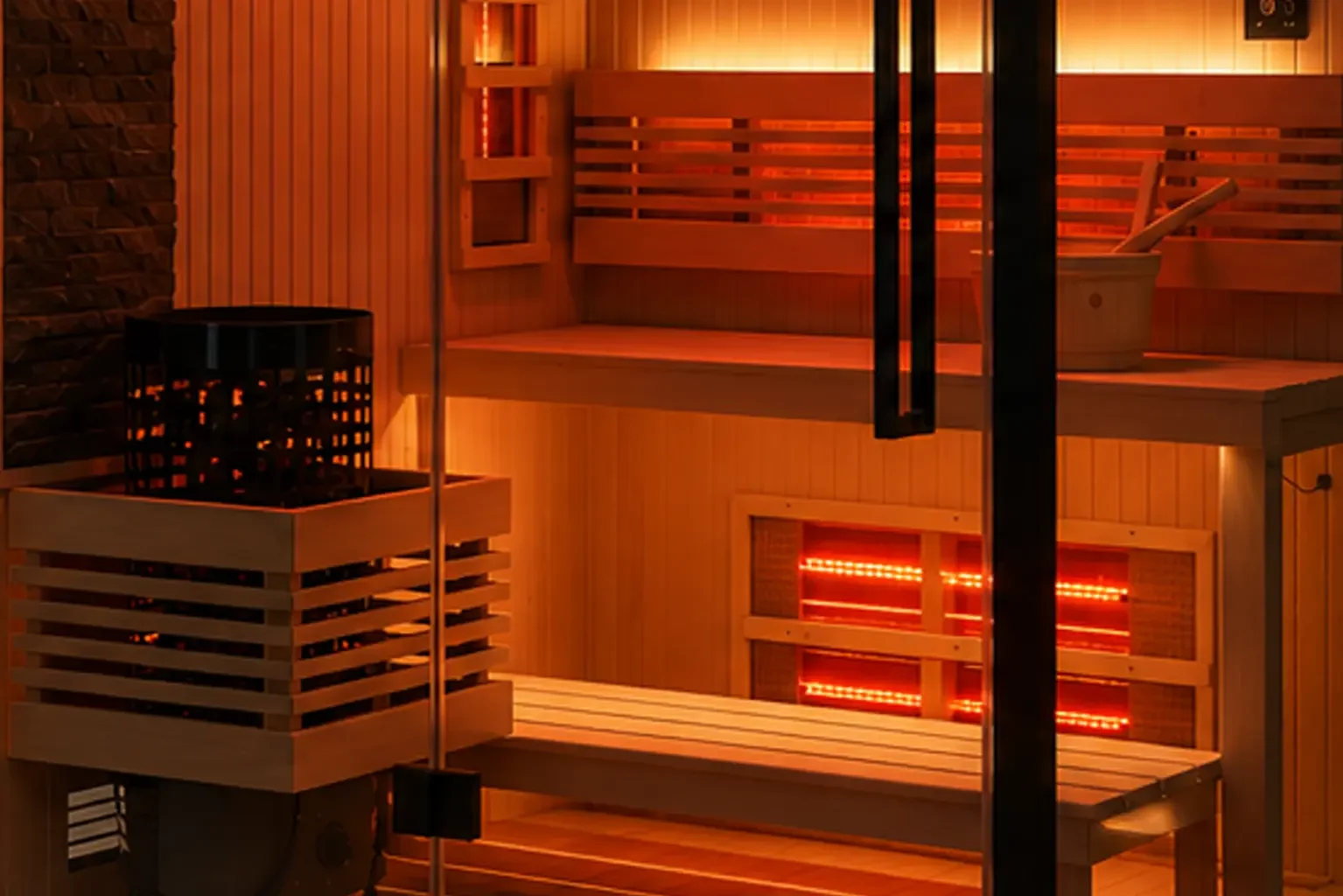 A modern wooden sauna room with benches, infrared heaters, and warm ambient lighting.