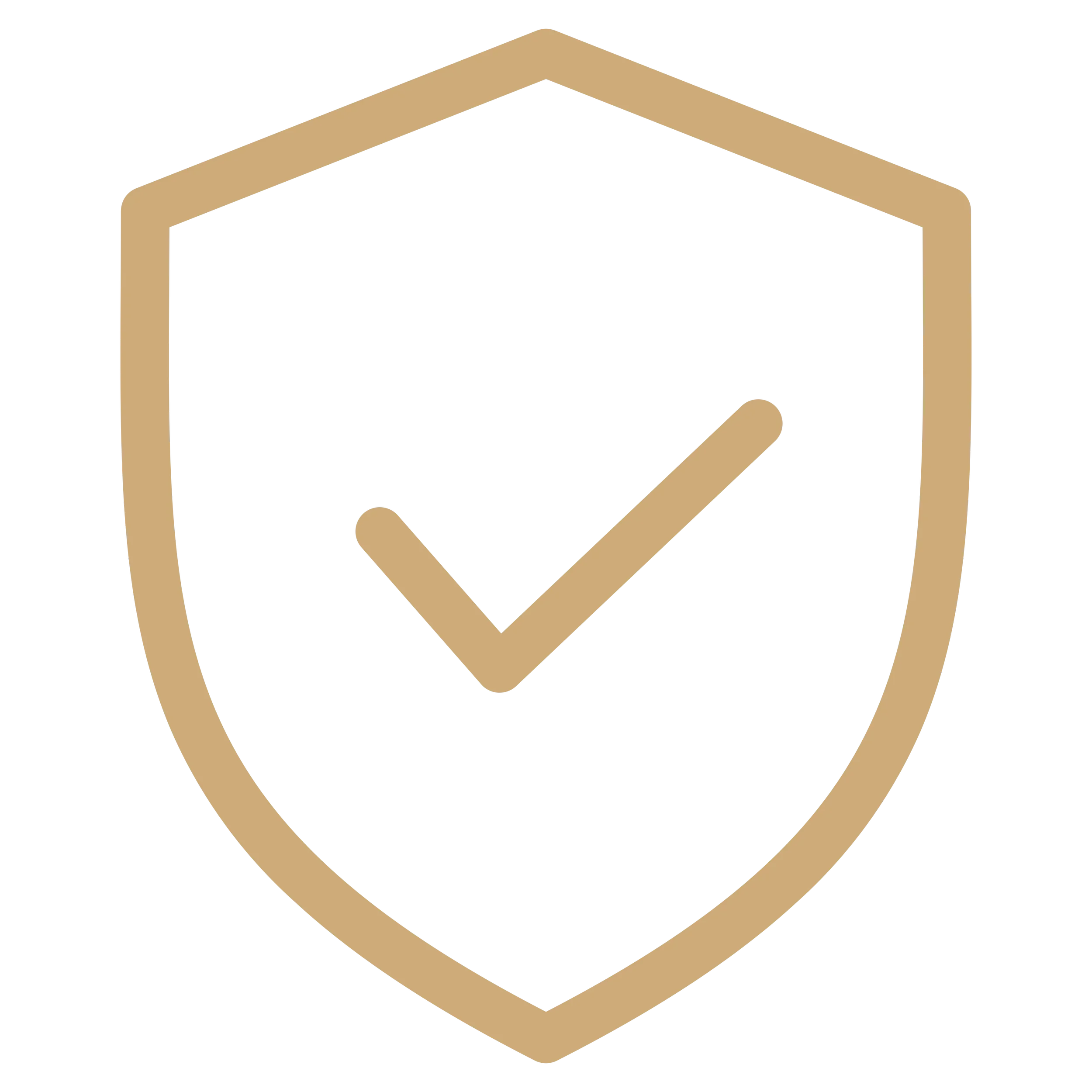 A gold shield outline with a check mark inside, symbolizing security or protection.