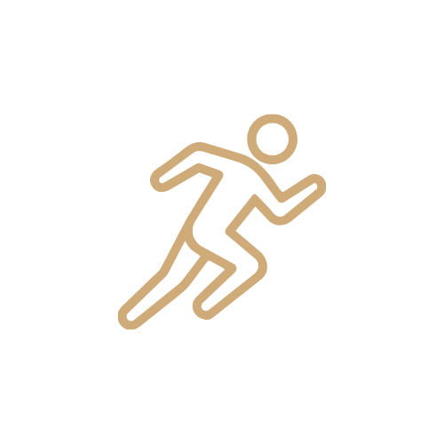 Simple outline of a person running, depicted in beige on a light gray background.
