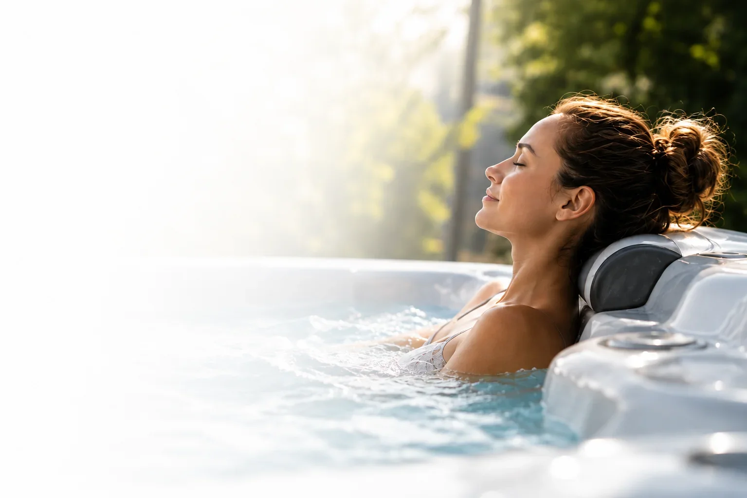 Woman relaxing with eyes closed in an outdoor hot tub, leaning back on the edge, sunlight in the background.