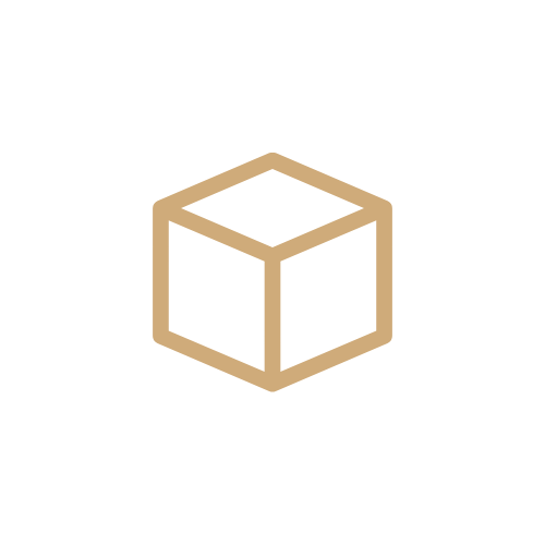 A simple, gold outline of a 3D sauna cube on a light gray background.