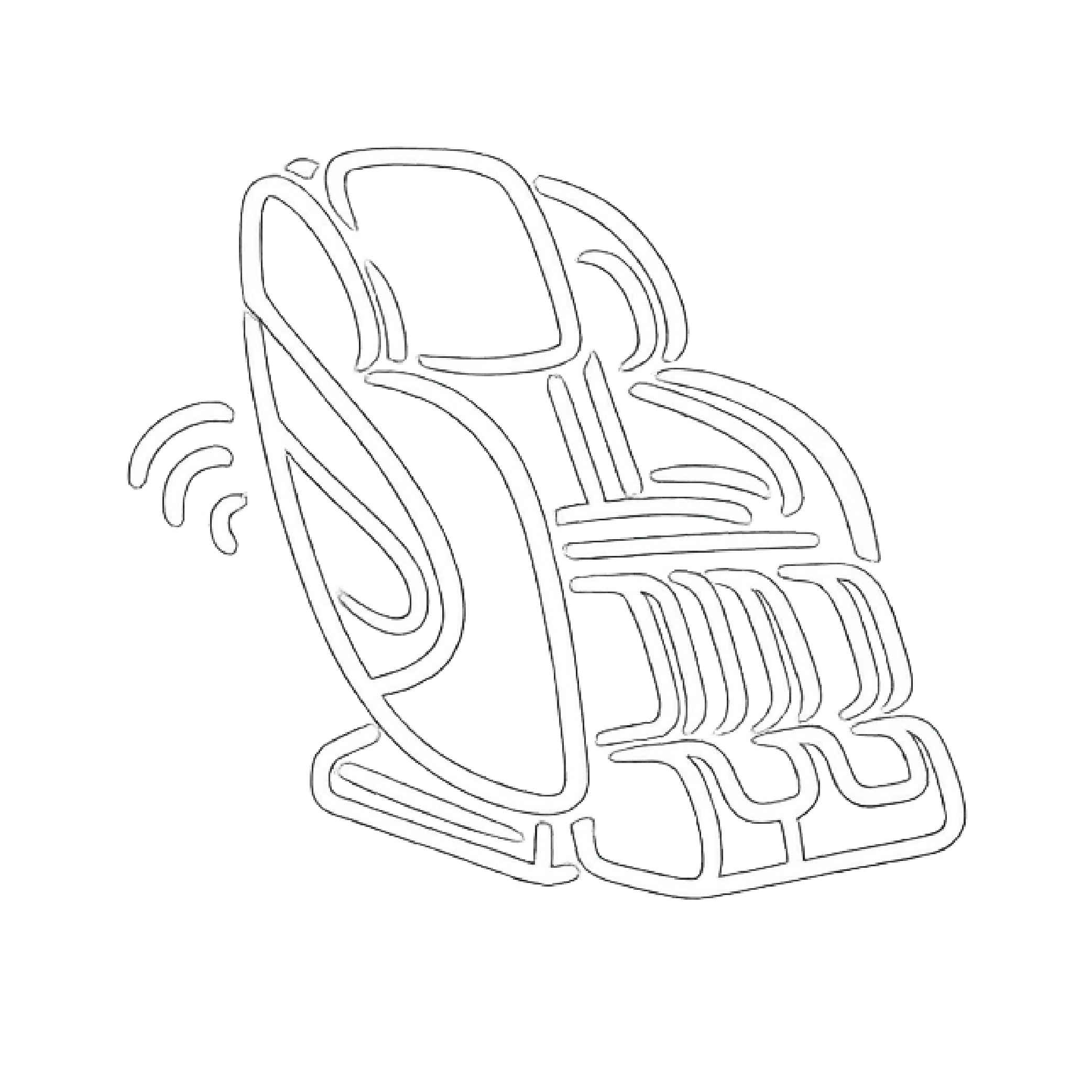 Line drawing of a massage chair with motion lines near the backrest, indicating vibration or movement.