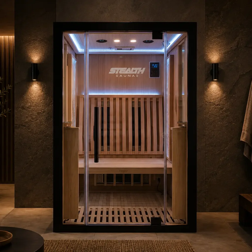 A modern wooden infrared sauna cabin with a glass door, digital controls, and a bench inside, set in a dimly lit room.