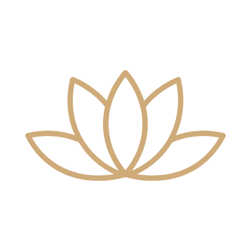 Simple gold outline of a lotus flower with five petals on a light gray background.