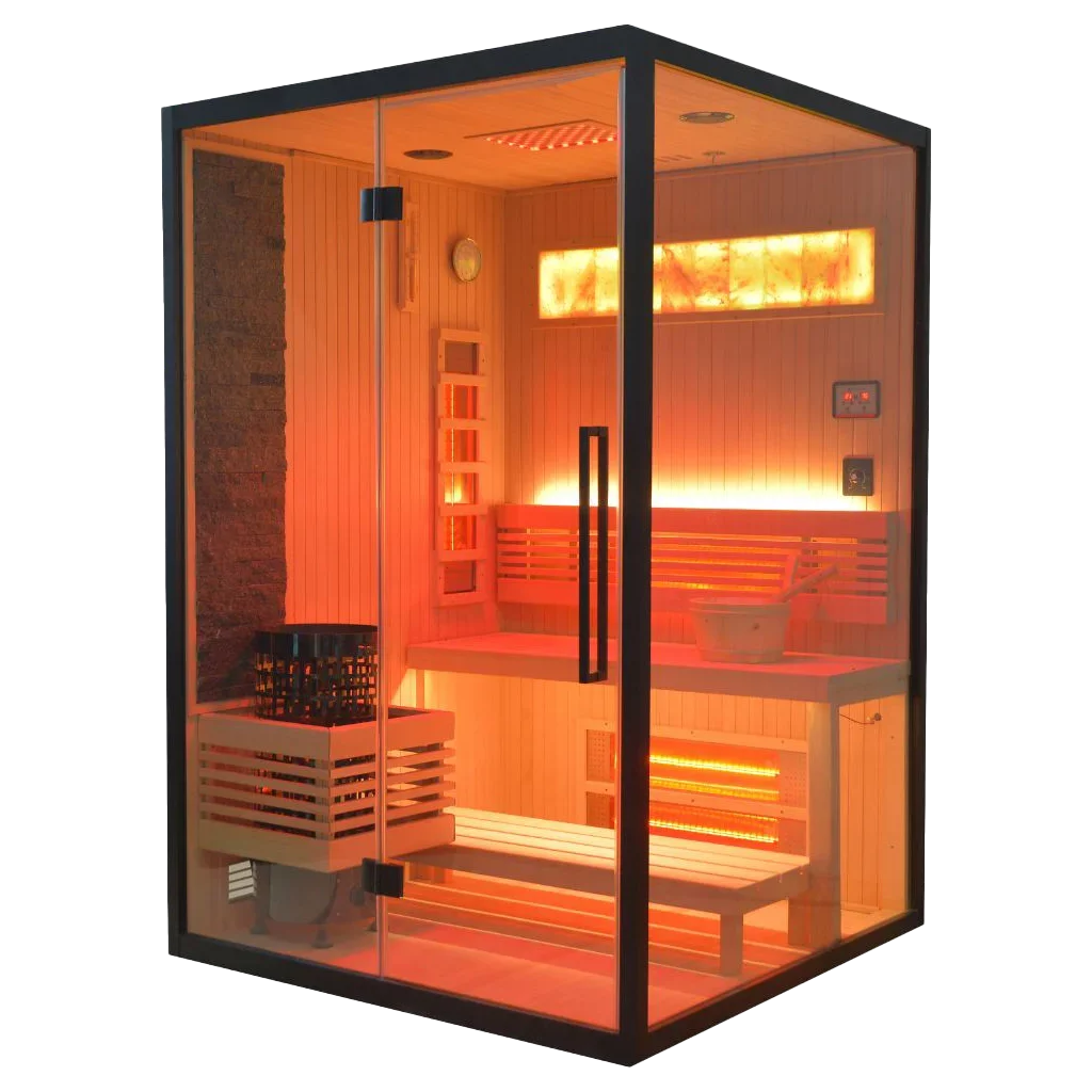 Modern glass sauna with wooden benches, heated stones, and warm, ambient orange lighting inside against a white background.