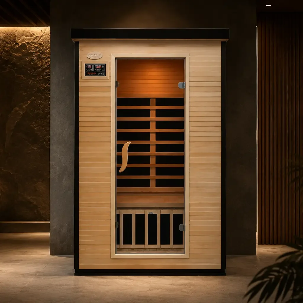 A modern wooden infrared sauna cabin with a glass door, digital controls, and a bench inside, set in a dimly lit room.