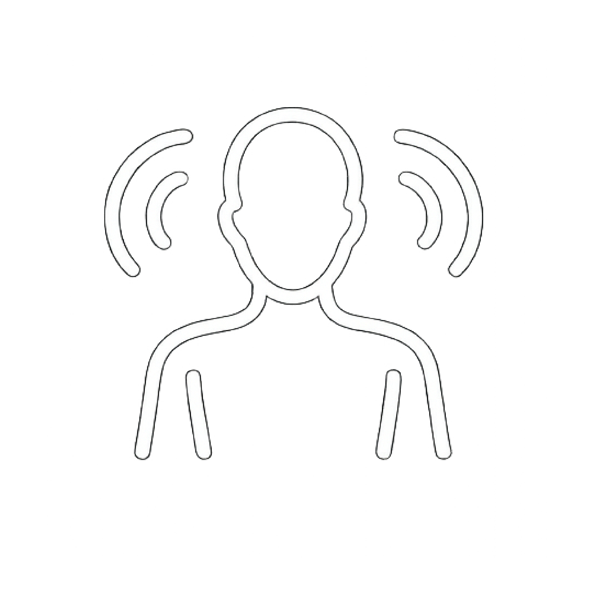 Outline of a person with curved lines around their head, suggesting sound waves or communication.