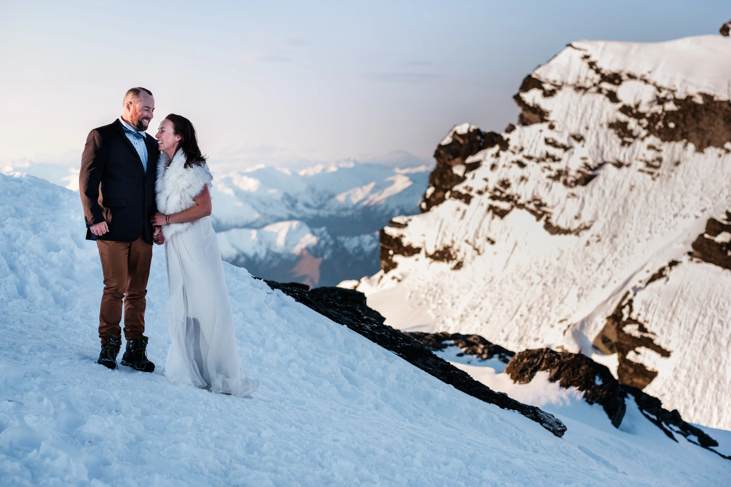 Bride and groom wedding photoshoot at the top the Remarkables in Queenstown. fun, relaxed adventurous wedding photography gold coast