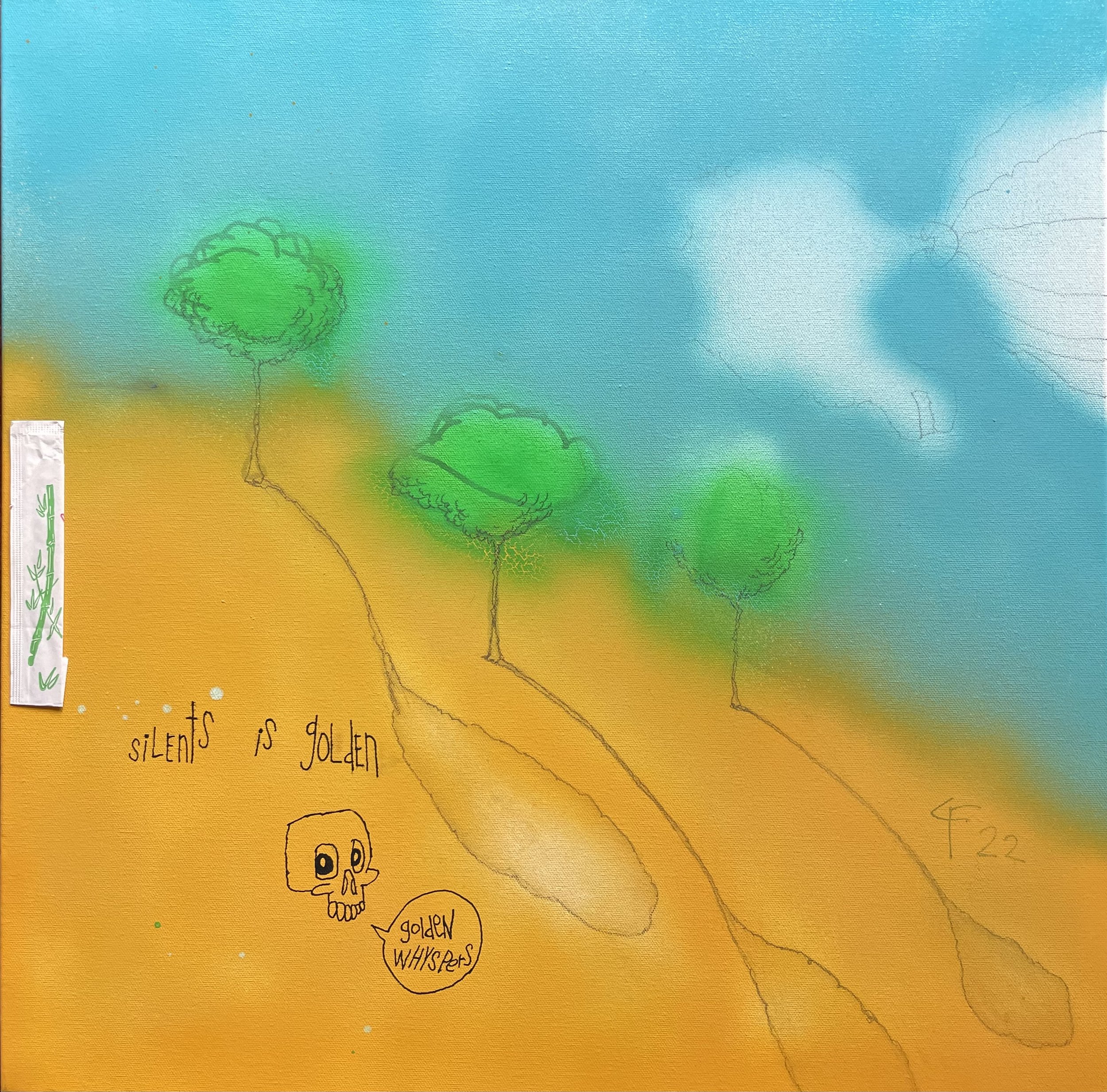   Lot #154   Chris Farris   silents is golden  (2022) Acrylic, spray paint, mixed media on canvas 24 x 24 “   I’m fascinated by the nature of “quality” in artwork. Can it be both failure and success? I enjoy too much color, poorly paired colors and s