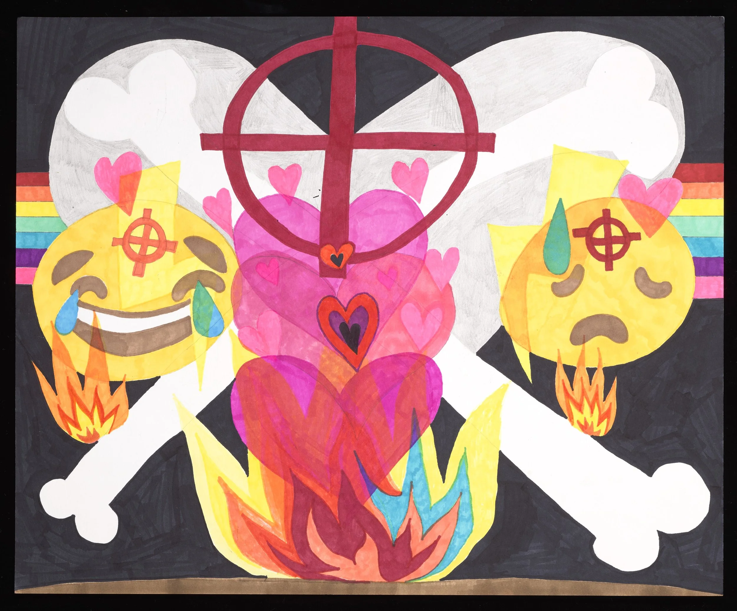  Lot# 301  Sawyer Arkilic  Infatuation Complication  (2024) Markers on paper 17 × 14"  “This drawing is a satirical representation of the emotions we feel when we develop a fondness for someone. The crosshairs symbolize how our moods can be dangerous
