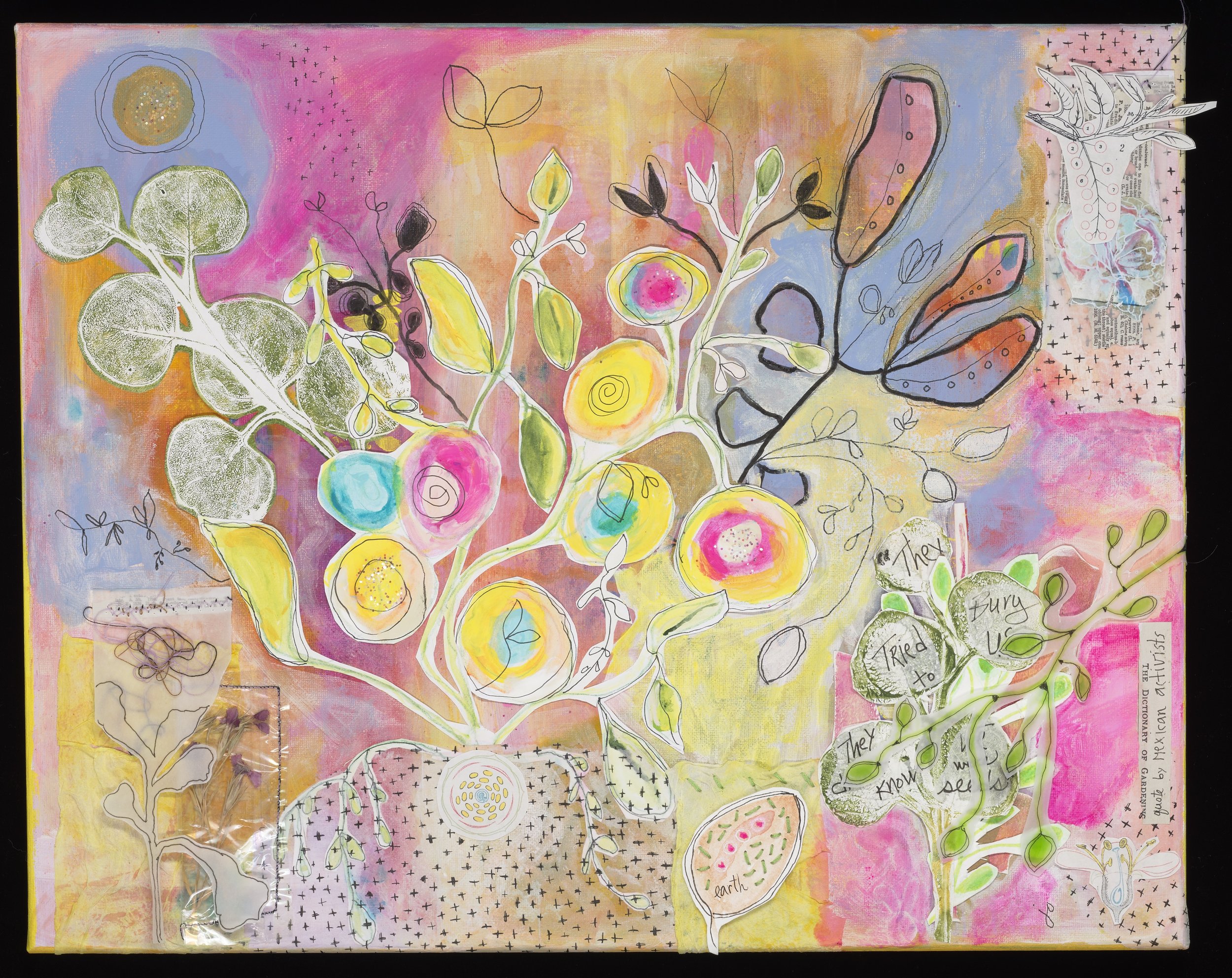 Lot #306 Jo Smith We Are Seeds (2025) Mixed media, acrylic paint, and painted paper 16 x 20" “I've been an artist with Hospitality House since 2010 and I view CAP as a sanctuary. I use vivid Colors/Botanicals/Nature images as my visual language