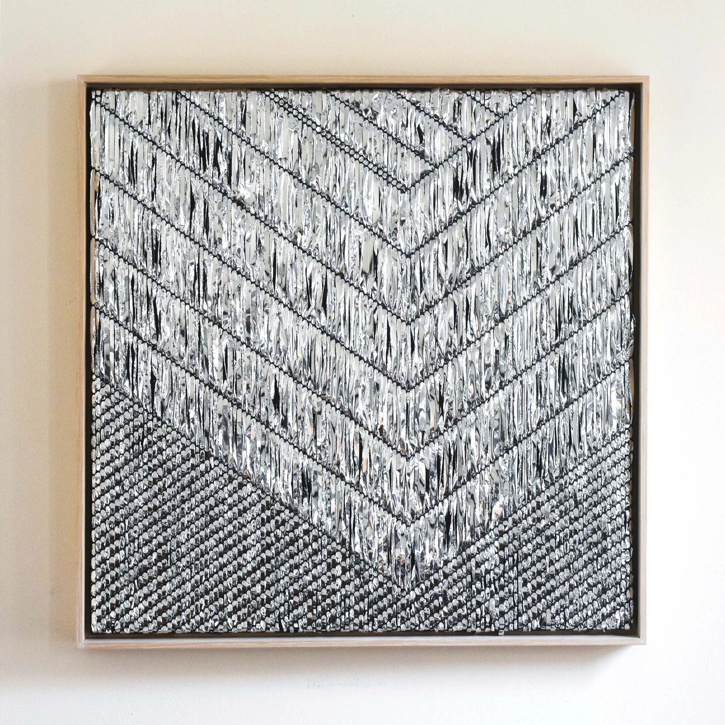  Lot #307  Cheyenne Concepcion  The Gates No. 6  (2024) Mylar, nylon net, paint, birch board  24.75 x 24.75 x 2.5”   “The Gates series captures my ongoing exploration of hybrid weaving that mixes unexpected textiles and industrial materials to create