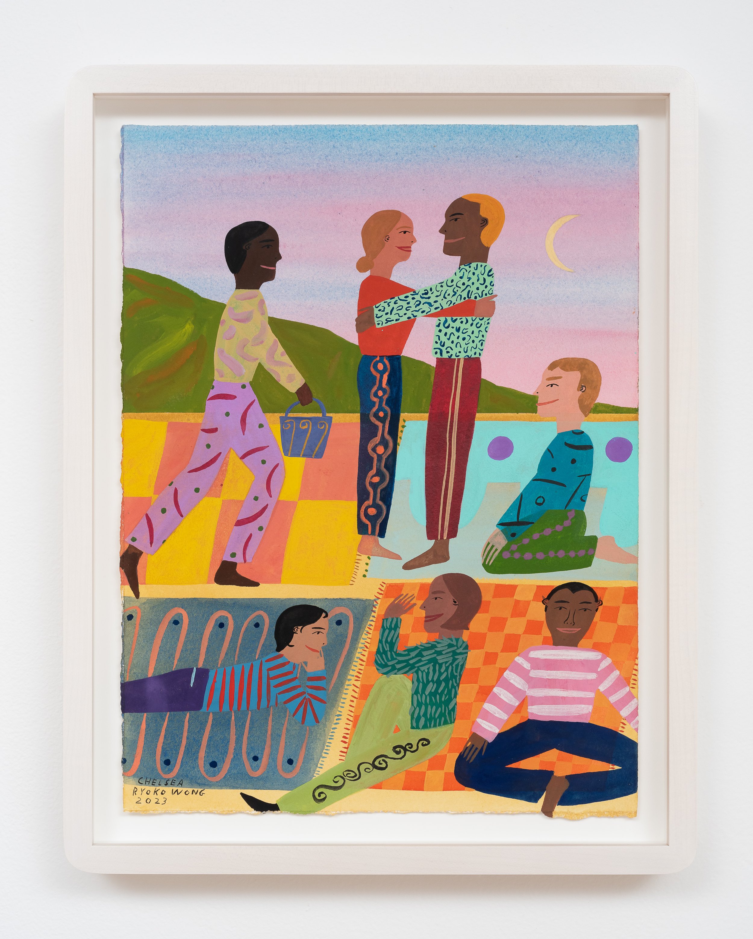 Lot #309 Chelsea Ryoko Wong Magical Evening With Friends (2023) Watercolor and gouache on paper 13 x 10" A California muralist whose tableaux explore the choreography of friendship and the social harmony of diverse peoples. Chelsea Ryoko Wong i