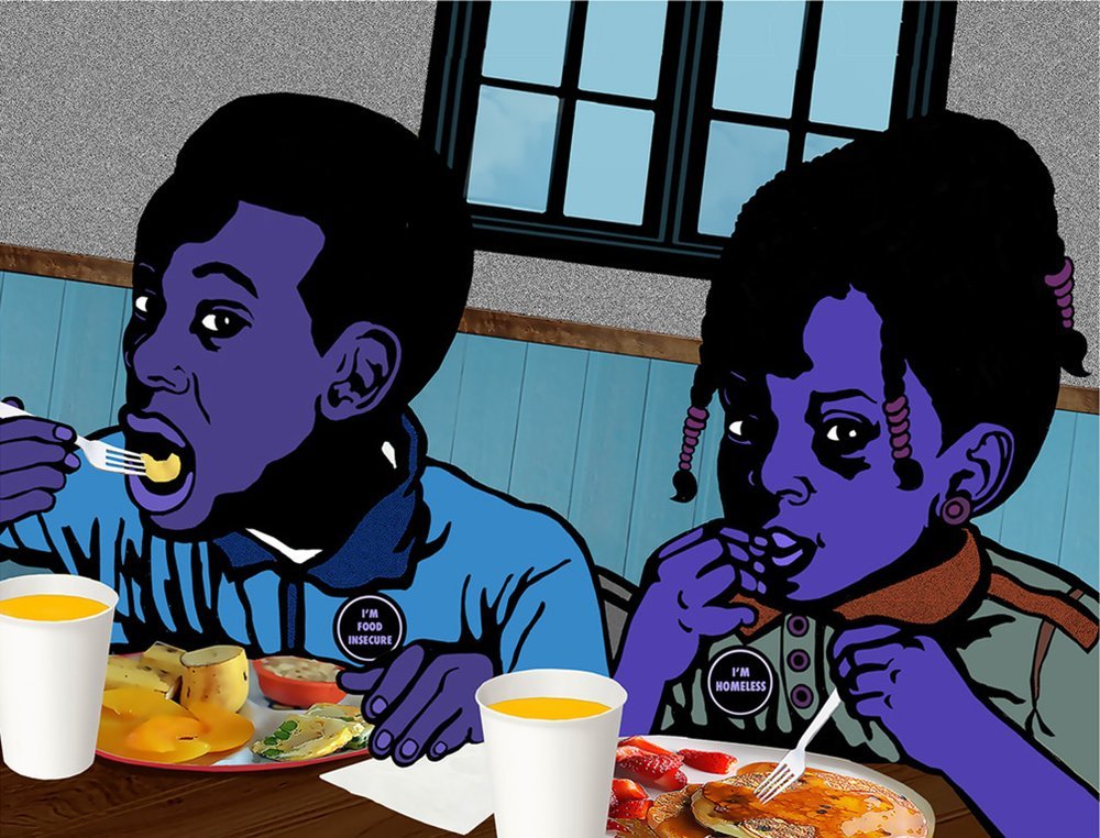 Lot #314 Emory Douglas Food Insecurity/Homeless (2018) Archival print, signed 32.25 x 22.25" Emory Douglas describes himself as a visual communicator and a social justice artist. Douglas was born in Grand Rapids, Michigan and has been a reside