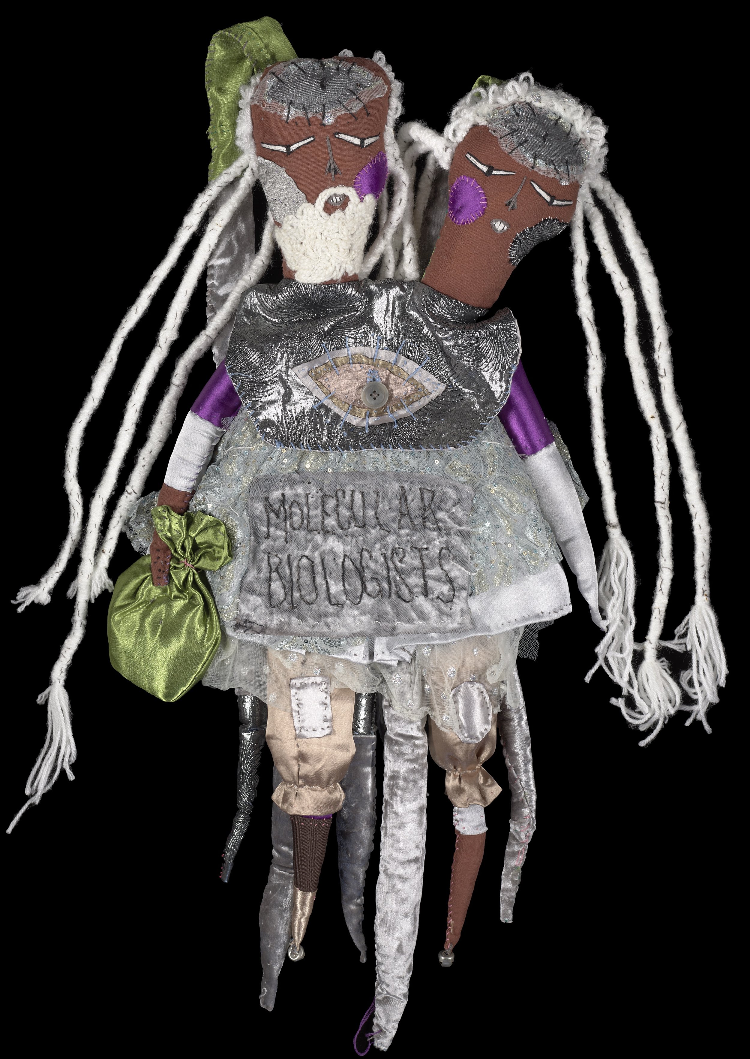 Lot #317 Benito Molecular Biologists (2023) Fabric, thread, embroidery, buttons, yarn, bells 18 x 30" "Im just an extra extra extraterrestrial. I love using the Community Arts Program and the people I met there." Courtesy of Benito & th