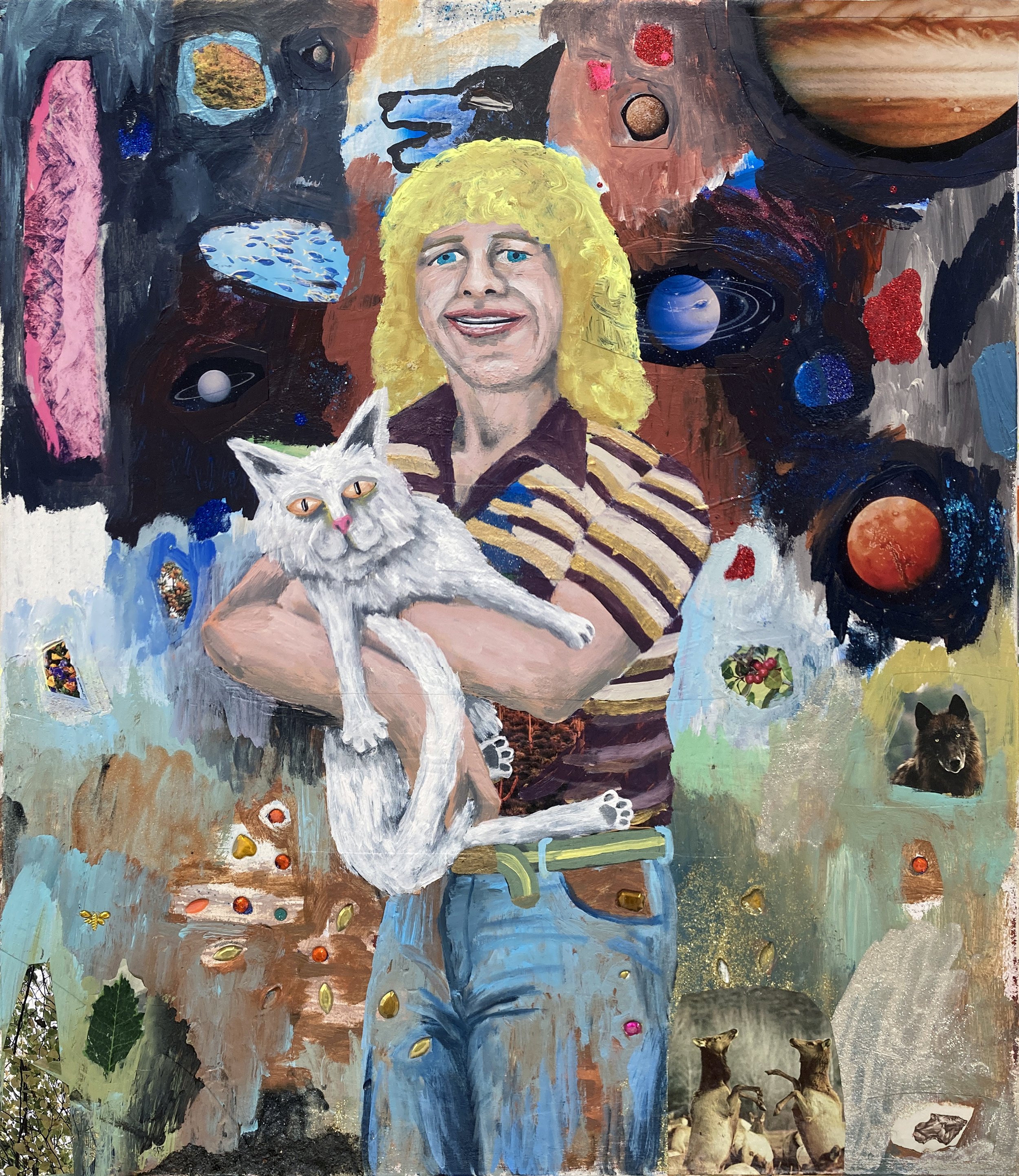 Lot #318 Cate White Earth and Space (2025) Acrylic, spray paint, sand, glitter, mica flakes, collage, plastic gems on canvas 30 x 26” Cate White’s drawings and paintings map a psychic cartography of the unrest associated with the proliferating