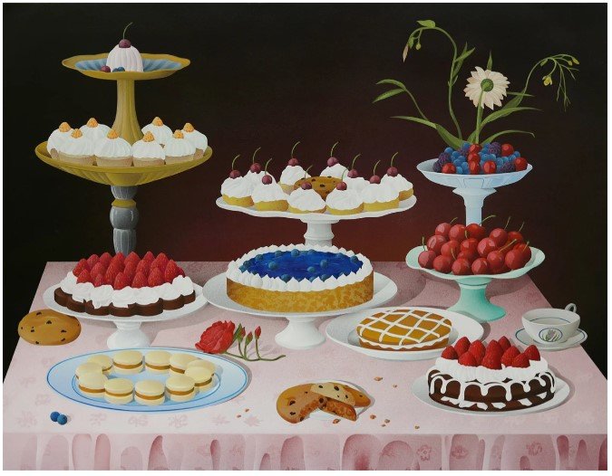 Lot #322 Casey Gray Cookies, Crumbs & Cakes (2024) Acrylic on panel 31 x 40" Casey Gray is an esteemed artist based in San Francisco known for his distinctive style that seamlessly blends classical painting traditions with modern day materia