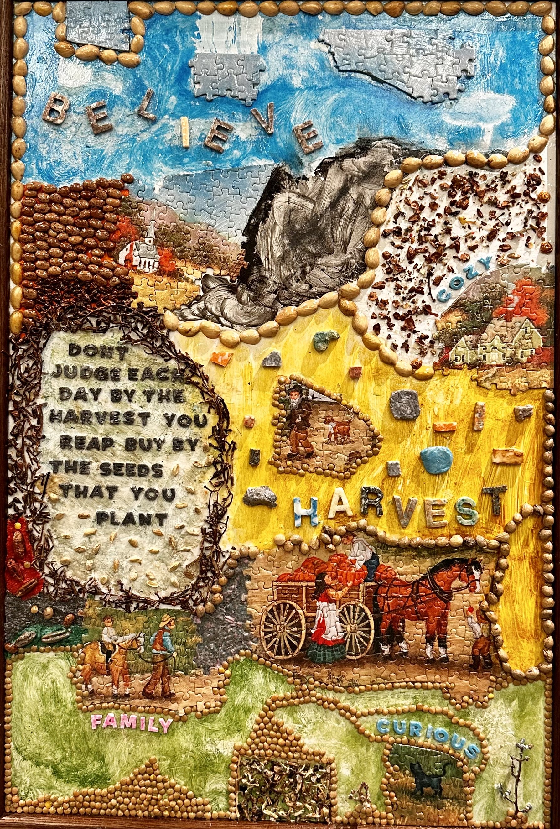 Lot #323 Shawn Moore Reap What You Sow (2024) Ivory soap, pistachio shells, beans, cherry seeds, grape vines, lentils, puzzle pieces, date seeds, and acrylic paint 19' x 28'' “I started making soap art when I was incarcerated and it helped to t